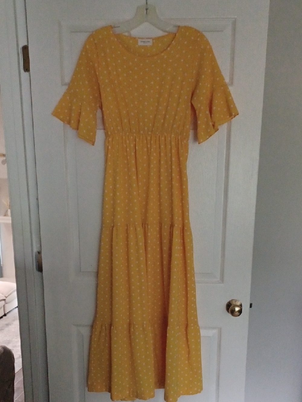 orange creek Yellow Polka Dot Maxi Dress with Flutter Sleeves and Tiered Skirt